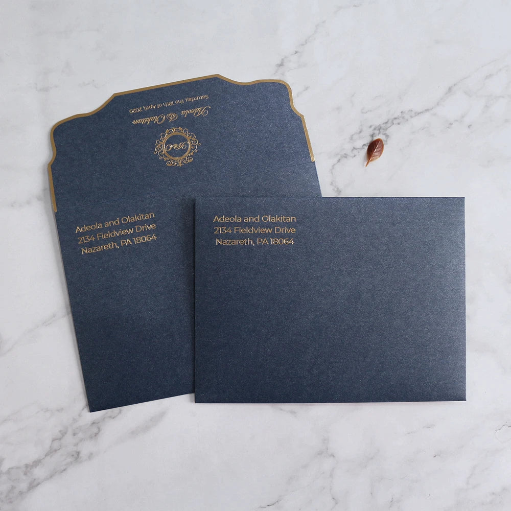 Customized Navy Paper Envelope with Gold Foil Text and Logo for Wedding Invitation Event