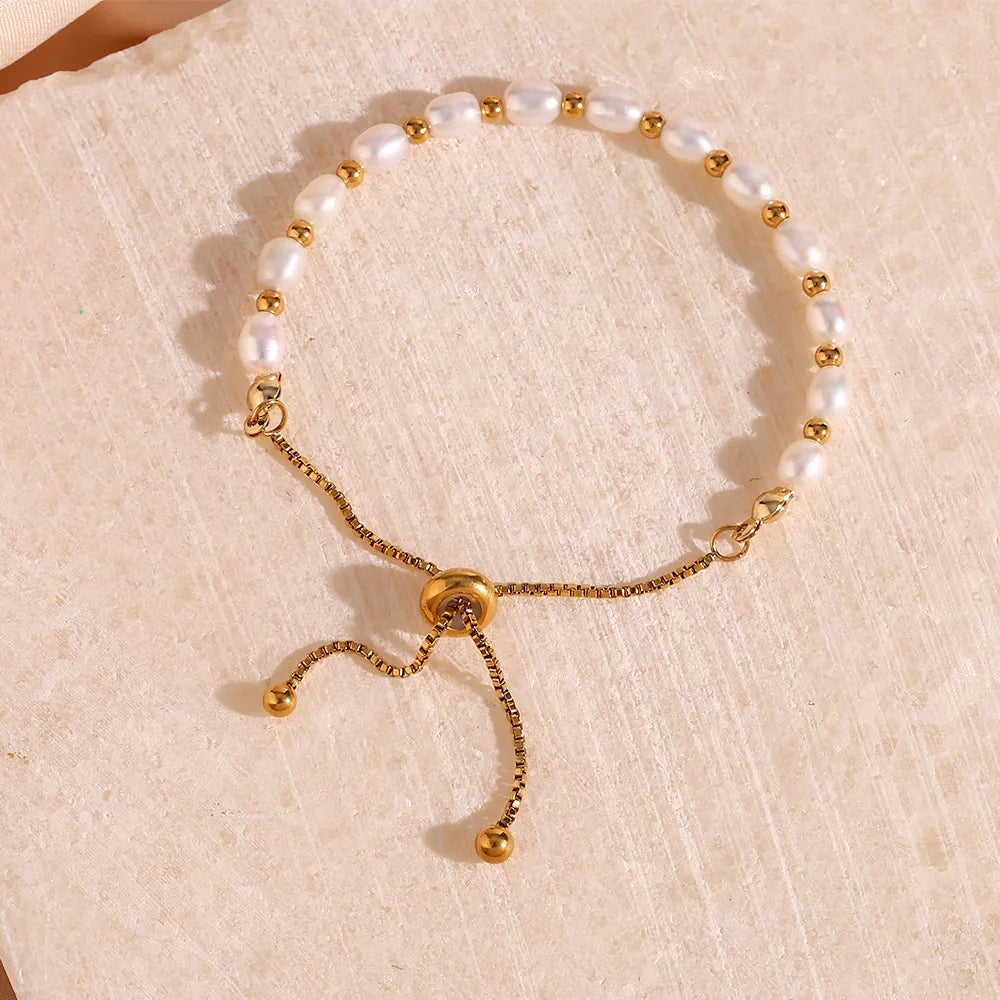 New Adjustable 18k PVD Gold Plated Real Fresh Water Pearl Bracelet Stylish Geometric Stainless Steel Trendy Gift for Anniversary