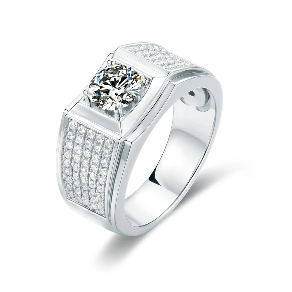 Luxury Rhodium Plated 925 Sterling Silver Moissanite Men's Engagement Ring With Certificate