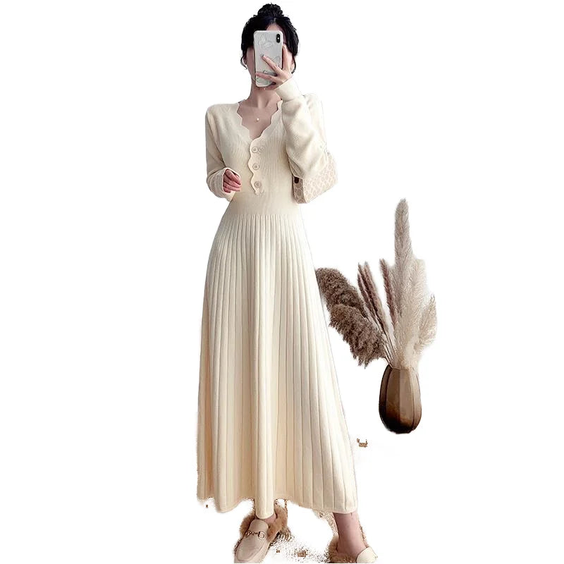 Autumn Winter Women's A-Line Midi Dress French Style V-Neck Button Long Sleeve Knit Solid Color Casual Natural Waistline