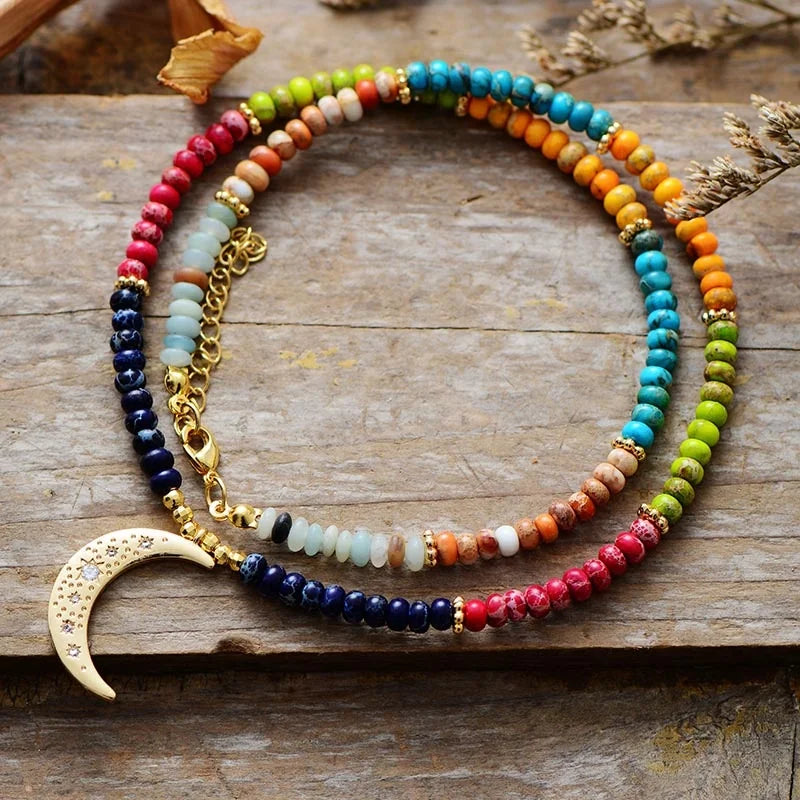 Colorful Imperial Jasper Moon Pendant 7 Chakra Energy Necklaces Stainless Steel Spiritual Crystal Healing for Anniversaries
