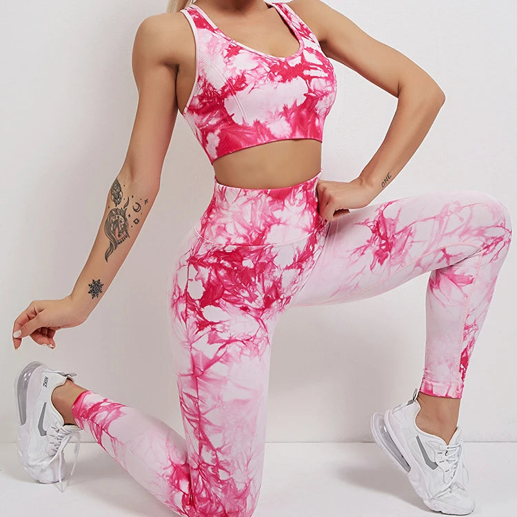 New Women Active Yoga Wear Set Tie Dye Stretch Breathable Butt Lift Gym Fitness Workout Sets