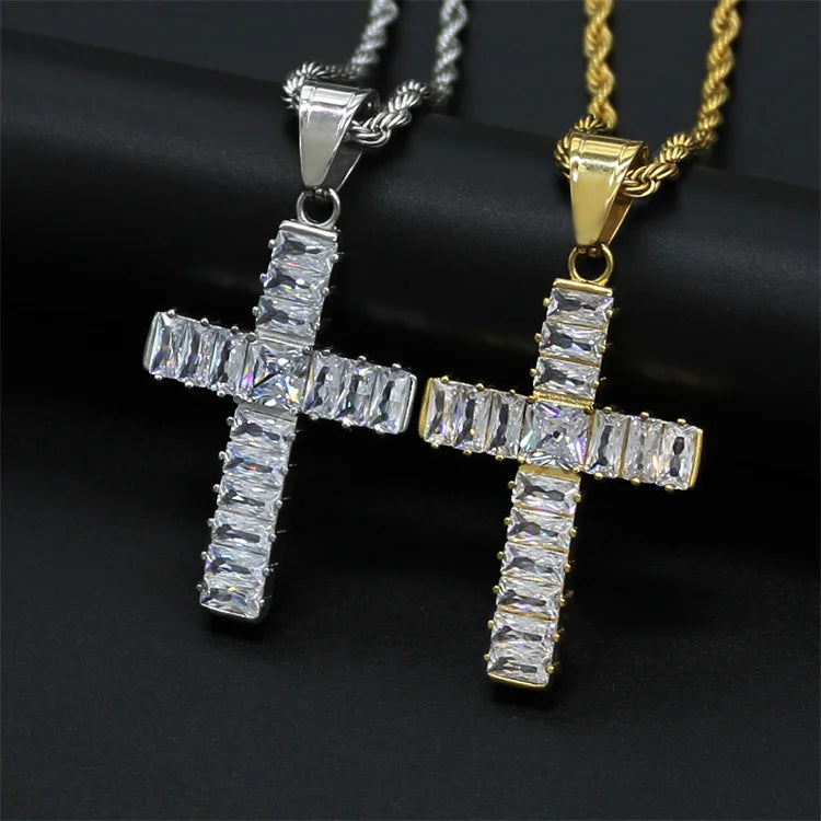 Wholesale Jewelry 316 L Stainless Steel Gold PVD Plated Rectangle Zircon Cross Pendant