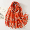 Manufacture Soft Plain Orange Flower Printed Cotton Voile Scarves for Muslim Women Head Wraps Hijabs Shawls With Tassels