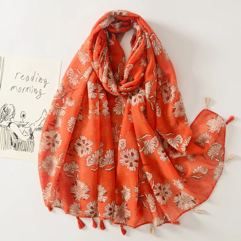 Manufacture Soft Plain Orange Flower Printed Cotton Voile Scarves for Muslim Women Head Wraps Hijabs Shawls With Tassels