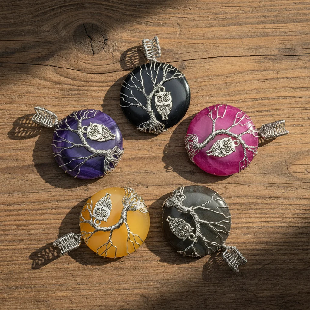 Healing Crystal Agate Shell Pendant for Women Tree Wire Wrapped Jewelry Owl Tree of Life Agate Necklace Pendant