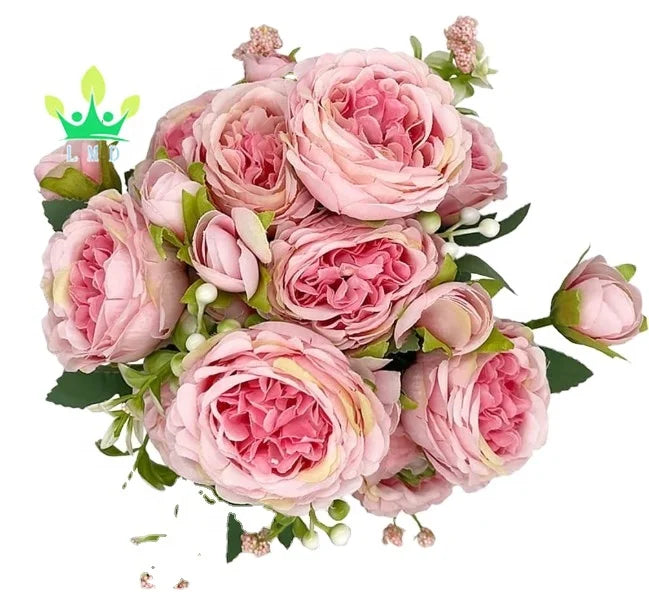 Realistic Looking Artificial Silk Peony & Rose Bouquet with Vase Home Wedding Decoration Plastic Material