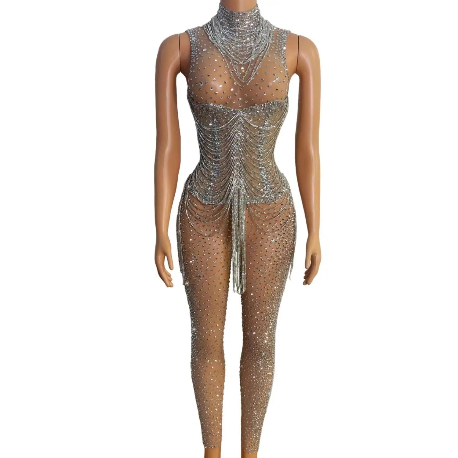 2023 Luxury See Through Tassel Pole Dance Leotard Ladies Rompers Photoshoot Show Stripper Outfits Dancewear Rhinestone Jumpsuits
