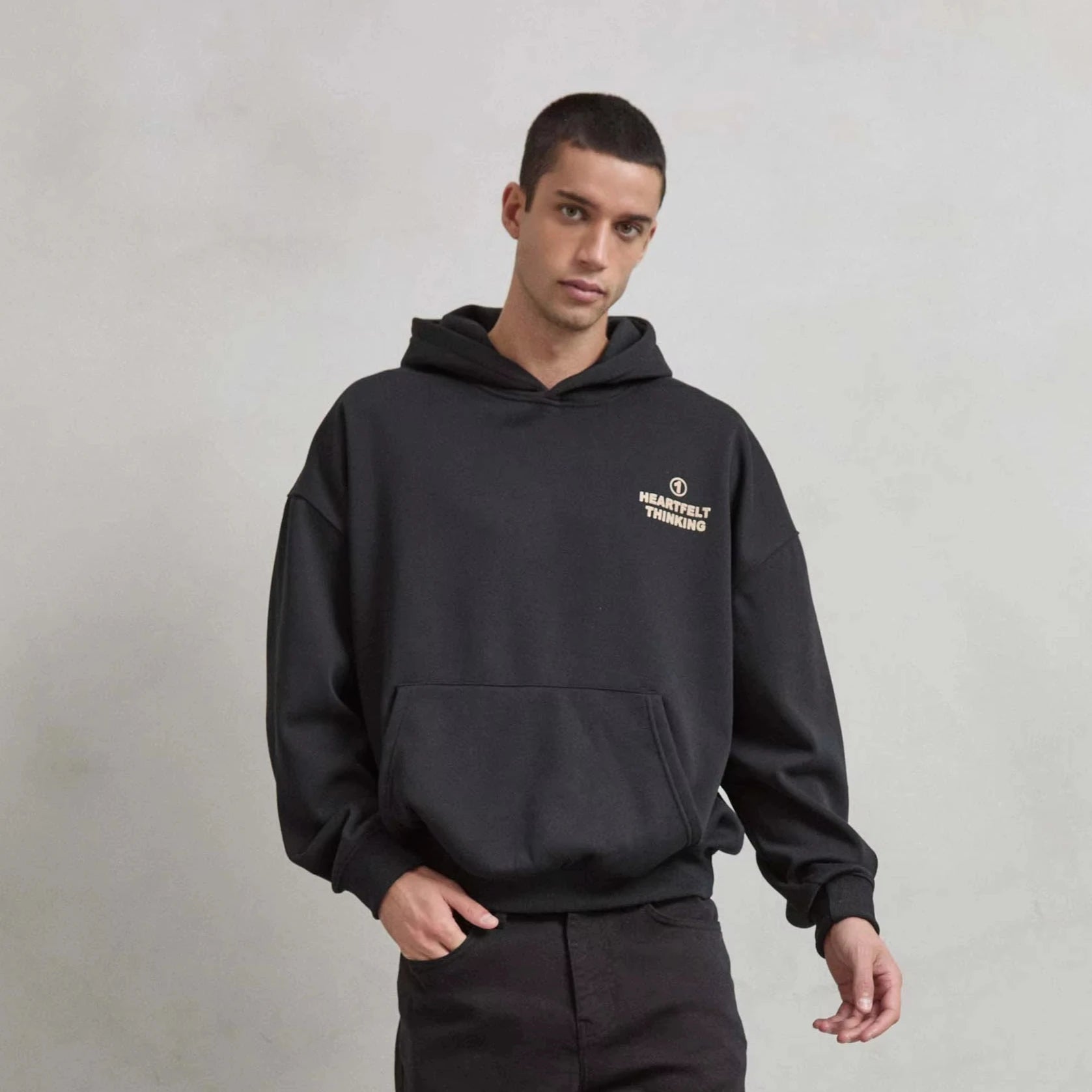 HEARTFELT THINKING Unisex Oversize Fashion Hoodie Solid Black Zipper Anti-Wrinkle Anti-Shrink Embroidered XL 500 GSM Cotton