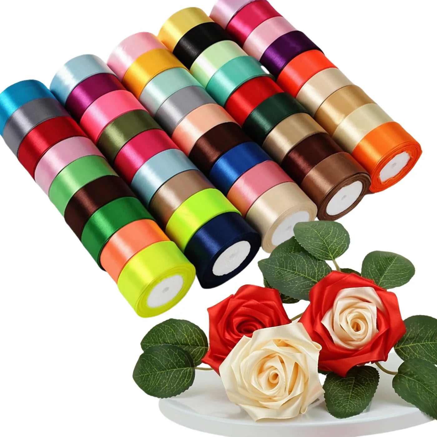Wholesale 4CM*25Yards Solid Color Polyester Satin Ribbon Roll for Flower Bouquet Gift Box Wrapping