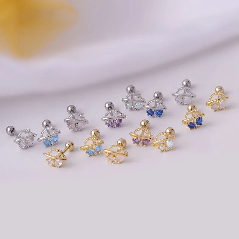 Zirconia Gold Plated Planet Shape Trendy Earrings Women Helix Upper Lobe Pinna Piercing Ear Stud Stainless Steel