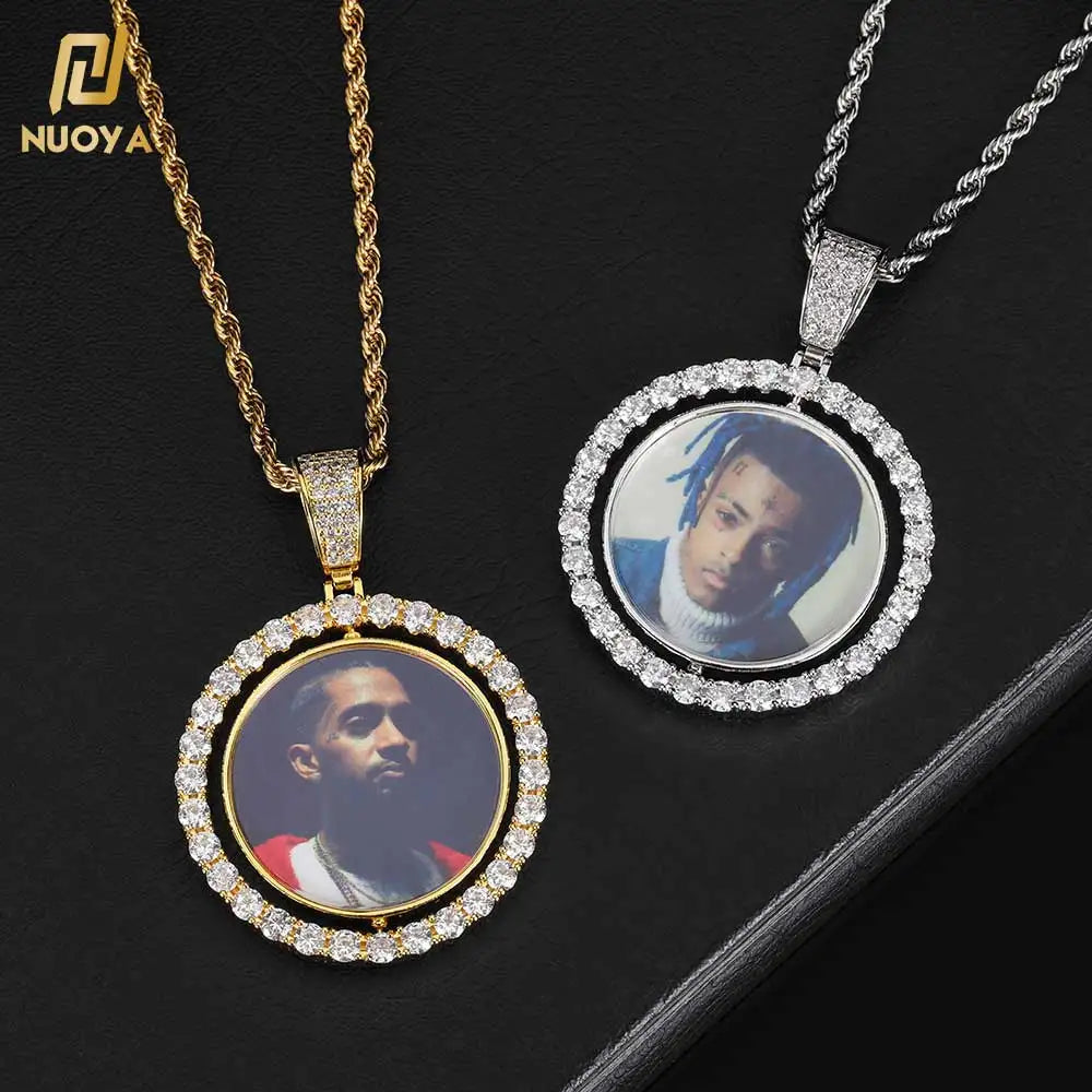 NUOYA Custom Jewelry Personalized Memory Picture Pendant Big Hook Double Sided Rotating Circle Iced Out Photo Frame Pendant MegaBDM