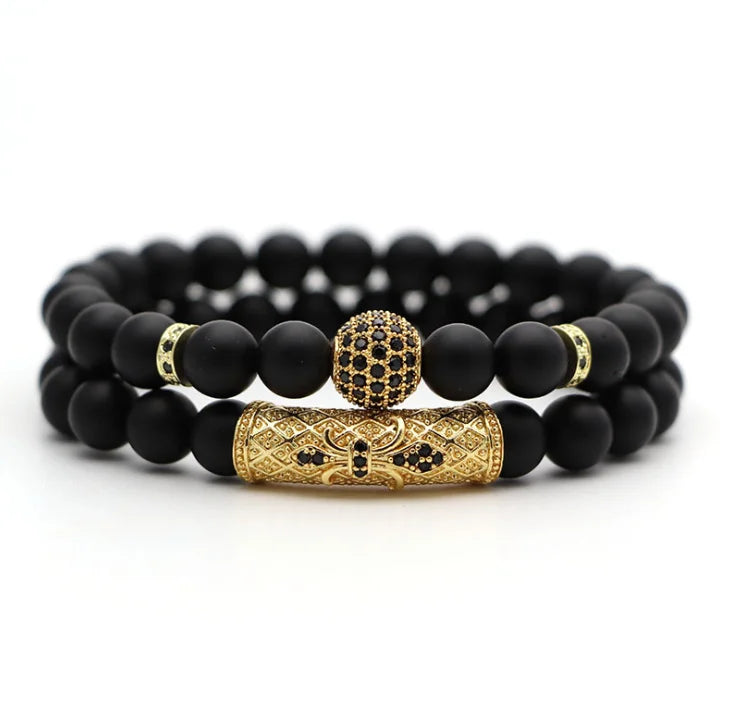 Natural Stone Bracelet Set Black Agate Couple Round Ball Beads Bracelet With Rhinestone Charm