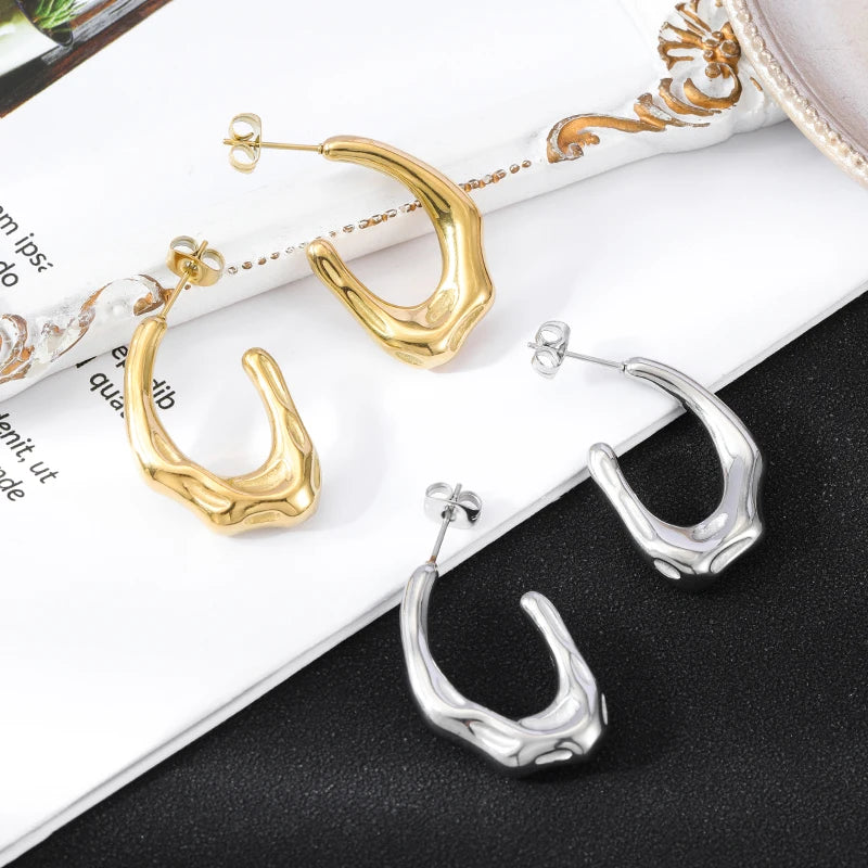 HOVANCI 18k PVD Gold Plated Stainless Steel C Shape Big Bamboo Design Geometric Hoops Earrings for Women
