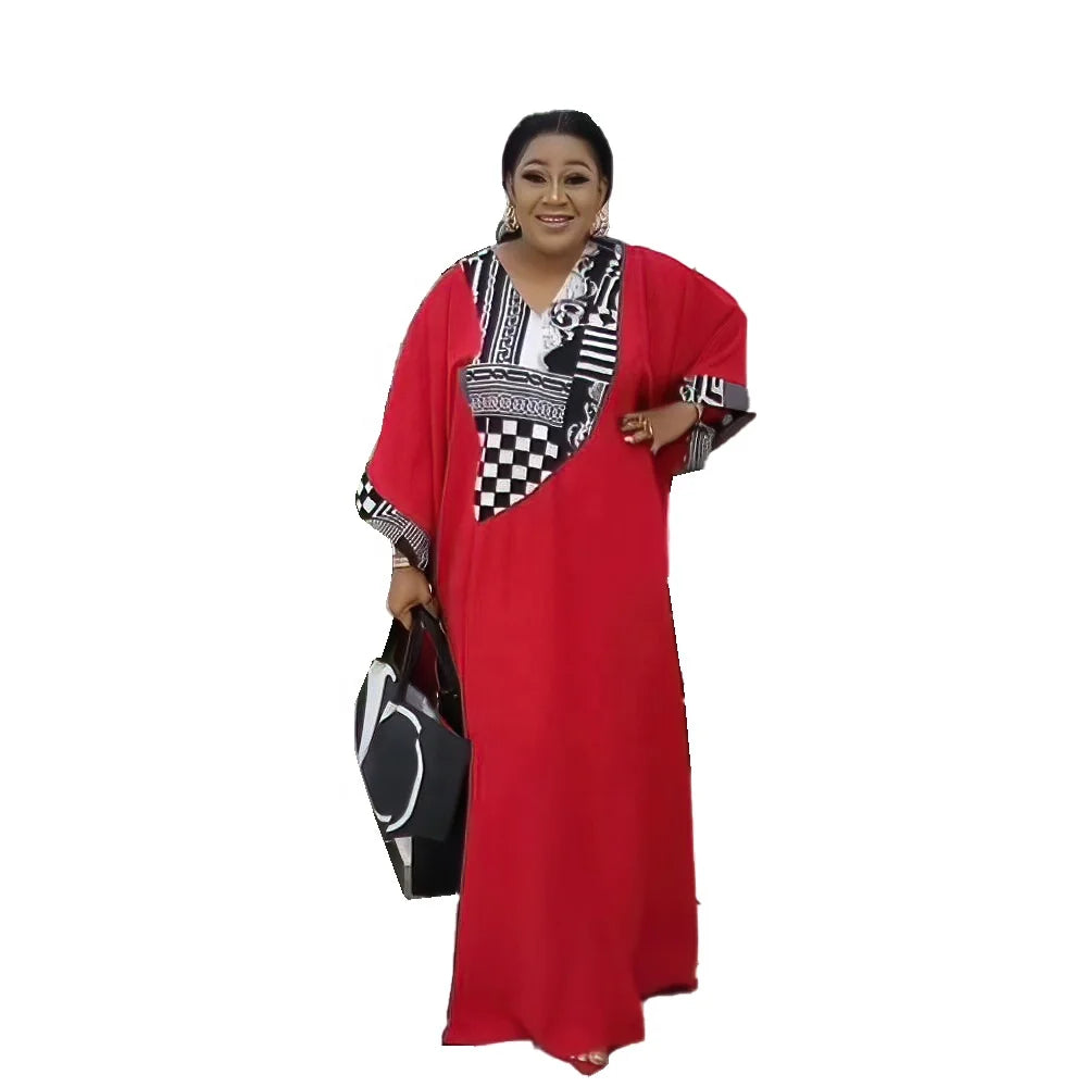 Elegant V-Neck African Dress for Plus Size Women Polyester Summer and Spring Chartlet Fast Support