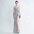 31235# Fashion Ruffled Sequins Handmade Flower Fork Halter Simple Evening Gown