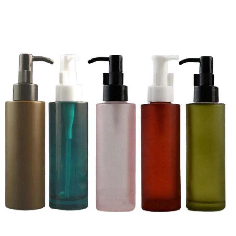 100ML Lotion Pump Bottle Pink Green Facial Cleanser Soap Dispenser Emulsion Frosted Glass Cleansing Oil Bottle Flat Shoulder