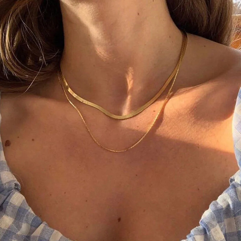 18K Gold Stainless Steel Two Layers Snake Chains Choker Necklace for Women
