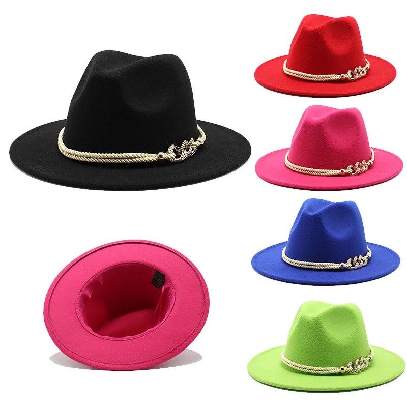 Classic Chain Elegant Ladies Solid Woolen Party Jazz Vintage Church Flat New Fedora Hats Felt Wool Women Beats Wide Brim