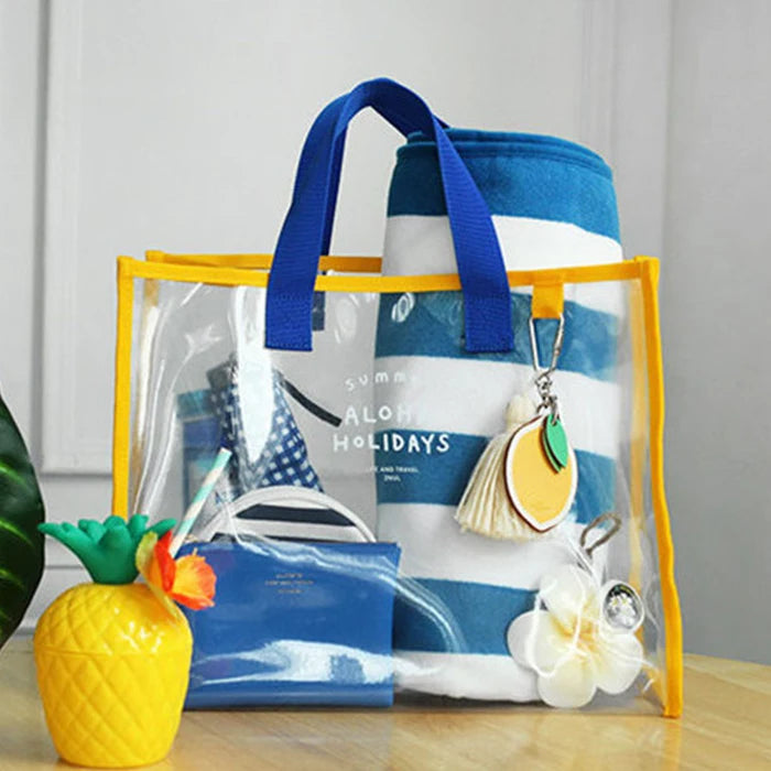 Custom Women's Fashion Transparent Waterproof Shoulder Bag Neon PVC Shopping Tote Beach Bag Two Handles Open Shenzhen Novelty