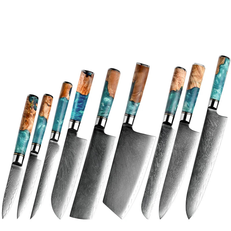 High Quality Blue Resin Handle Damascus Steel Chef Knife 10cr 67Layers Japanese Chef Santoku Paring Boning Kitchen Knives Sets