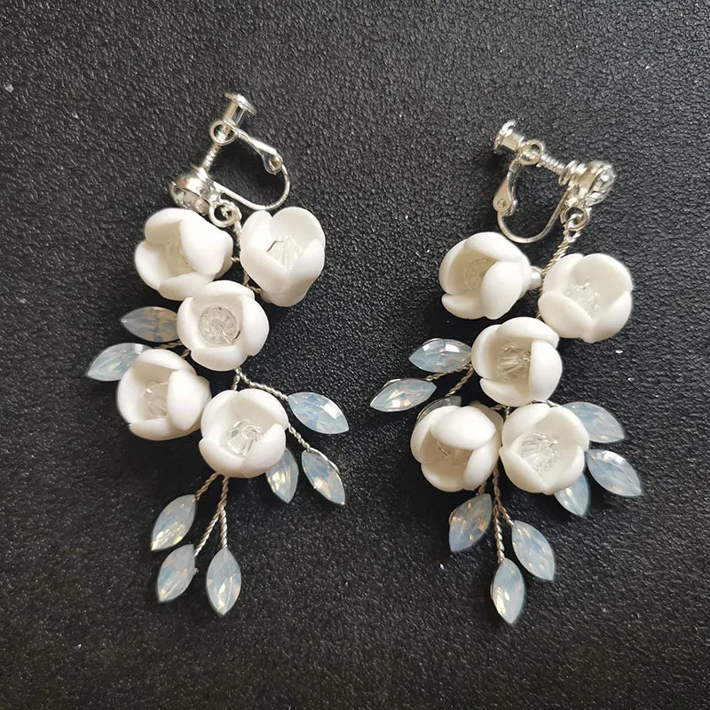 SLBRIDAL Handmade Rhinestones Crystals Pearls Ceramic Flower Bridal Dangle Earring Wedding Earring Fashion Women  Girls Jewelry