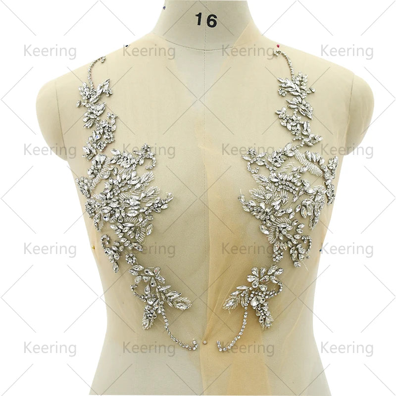 Keering Sliver Front Chest Pairs Non Hotfix Flat Back Dress Glass Bodice Rhinestone Applique