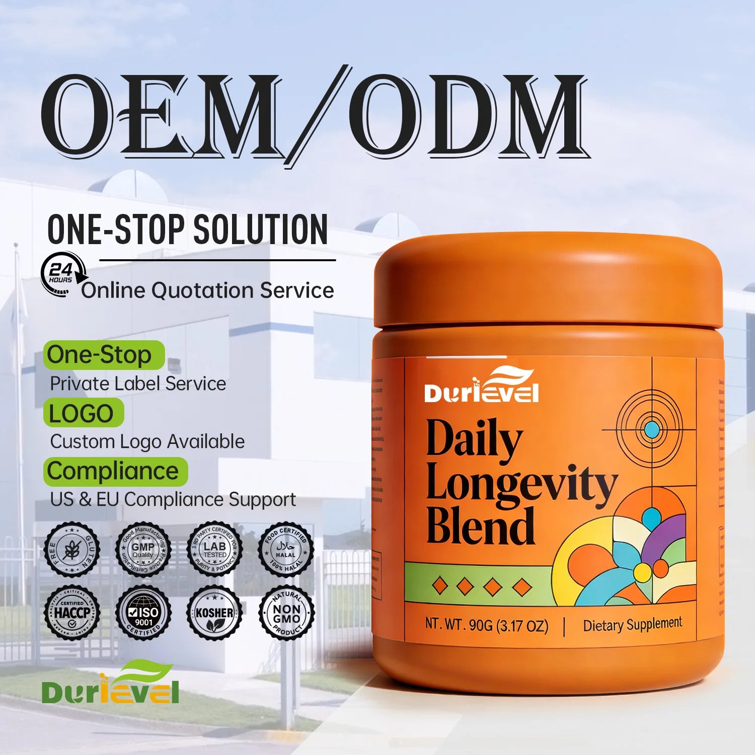 Daily Longevity Blend Powder with Magnesium L-Theanine Glycine Non-GMO Vegan HACCP Certified Custom Formula