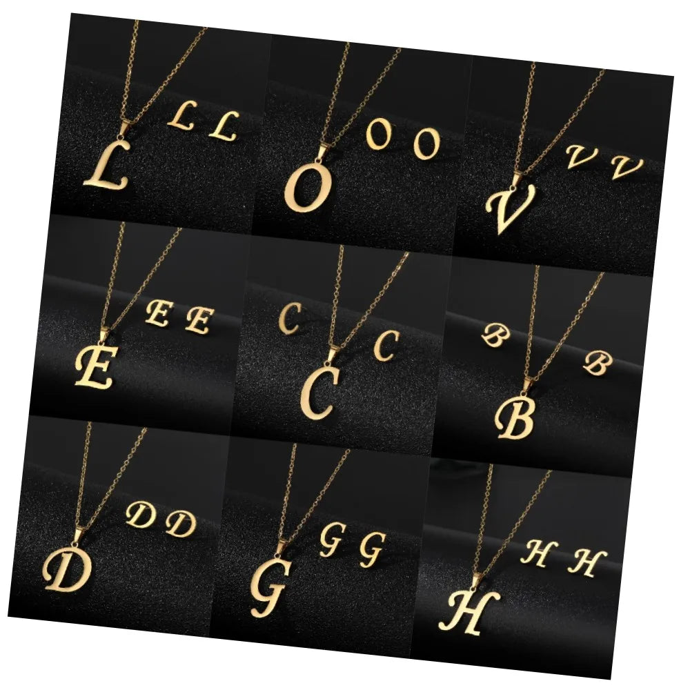 Hot Selling Custom Jewelry Sets Gold Plated Stainless Steel 26 Letter Pendant Initial Necklace Stud Earrings Set for Women Gift