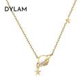 Dylam 18K Gold Plated Charm Pendant S925 Sterling Silver Necklace Delicate Diamond Star Moon Planet Necklaces Jewelry For Women