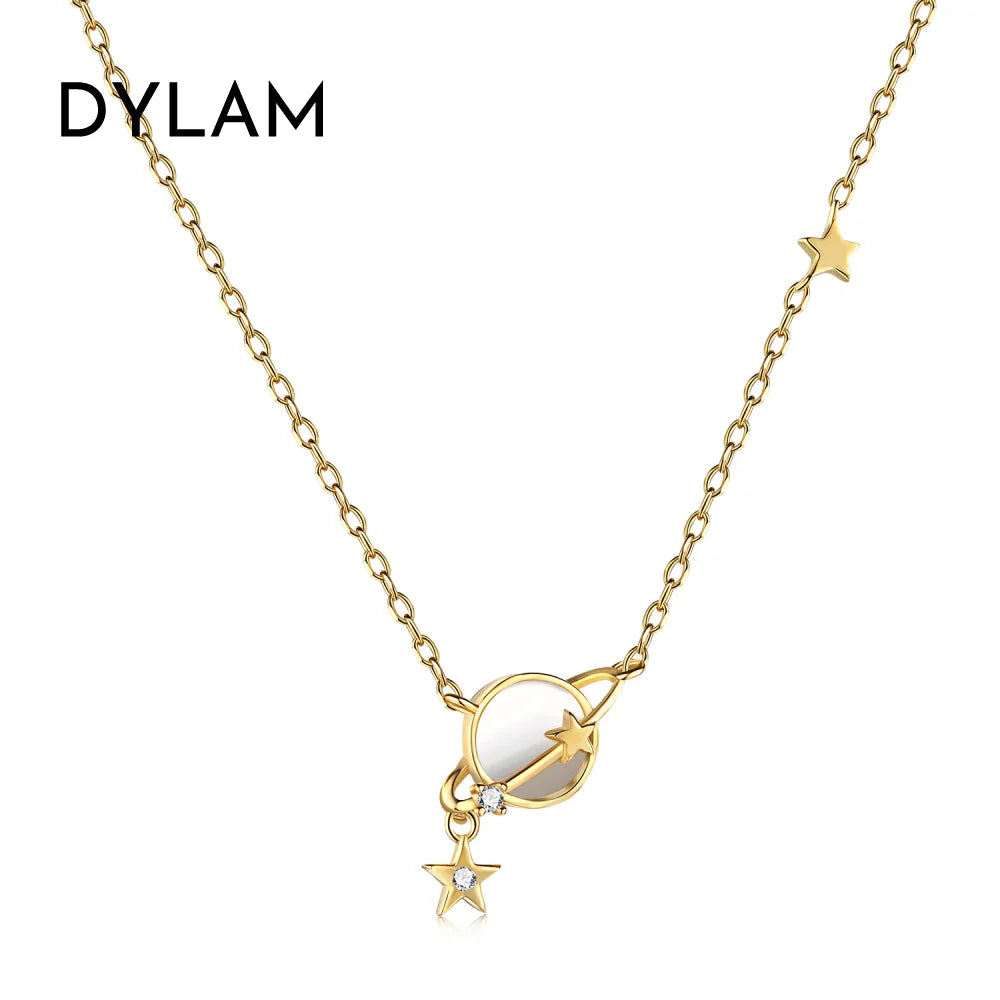 Dylam 18K Gold Plated Charm Pendant S925 Sterling Silver Necklace Delicate Diamond Star Moon Planet Necklaces Jewelry For Women