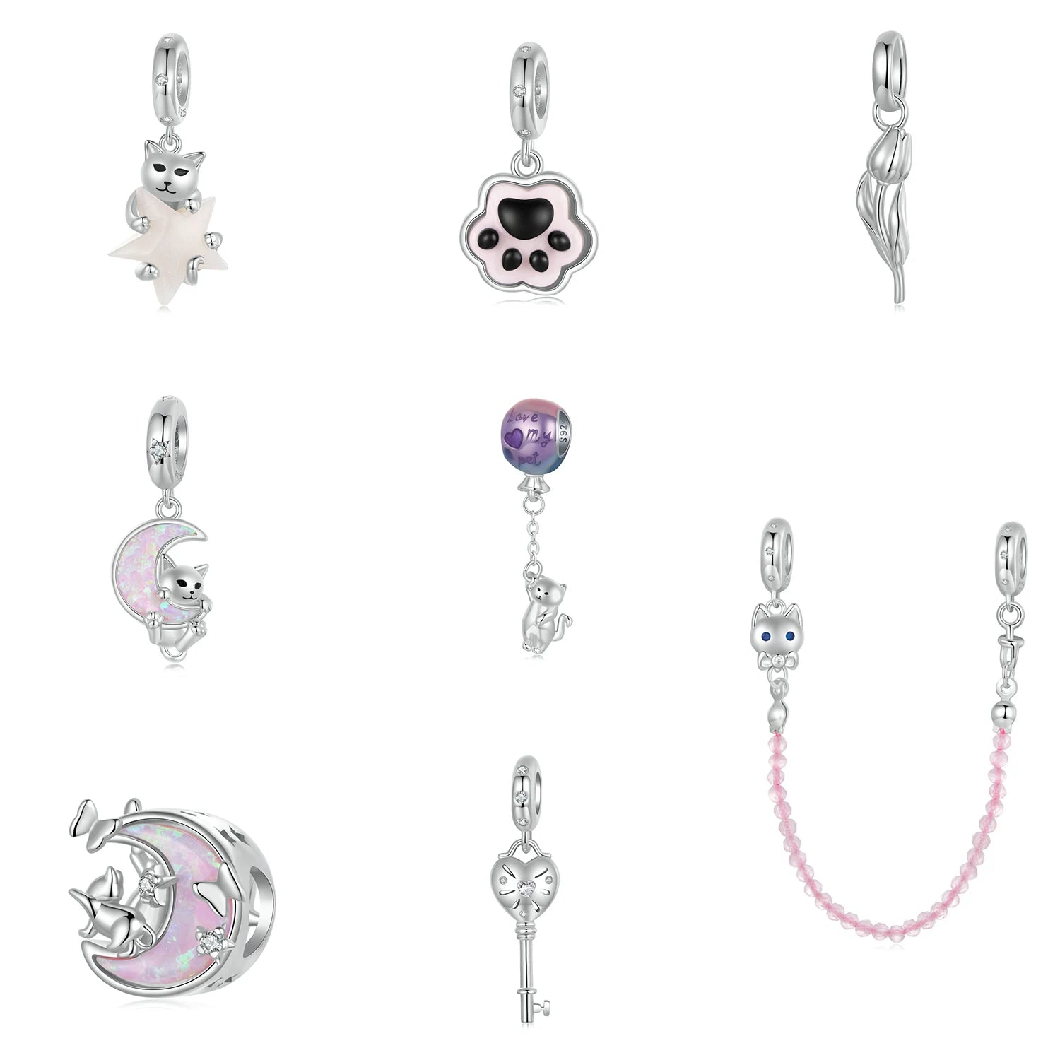 New Fine S925 Sterling Silver Charm Beads Cute Kitten Bead Key Safety Chain DIY Charm Bracelet for Women Jewelry Gifts