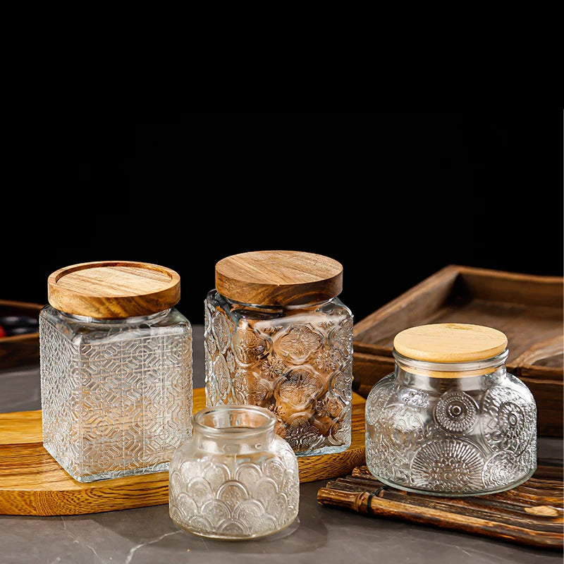 750 Luxury Wooden Lid Mid-ancient Style Carved Glass Jar Storage Honey Nut Glass Jar