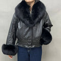 Women Big Fox Fur Collar and Cuff Leather Jacket Genuine Leather Jacket
