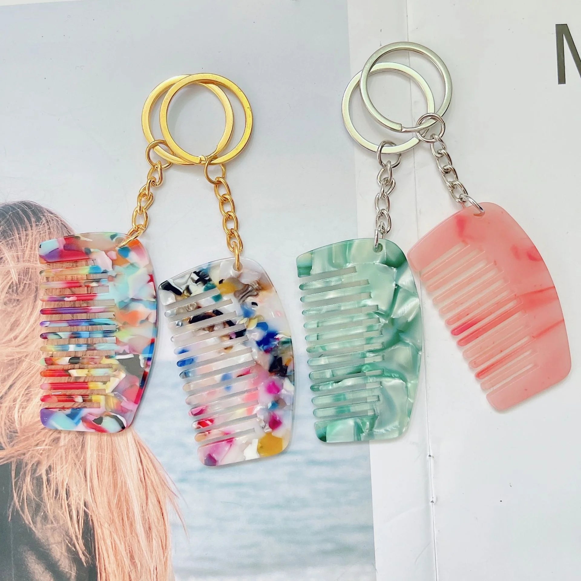 Korea Women Baby Kids Small Portable Tortoiseshell Marble Gold Antistatic Acetic Mini Pendant Keychain Acetate Pocket Hair Combs