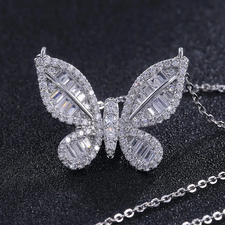 Elegant Sparkling CZ Crystal Small Butterfly Pendant Necklace Clear Cubic Zirconia Butterfly Necklace