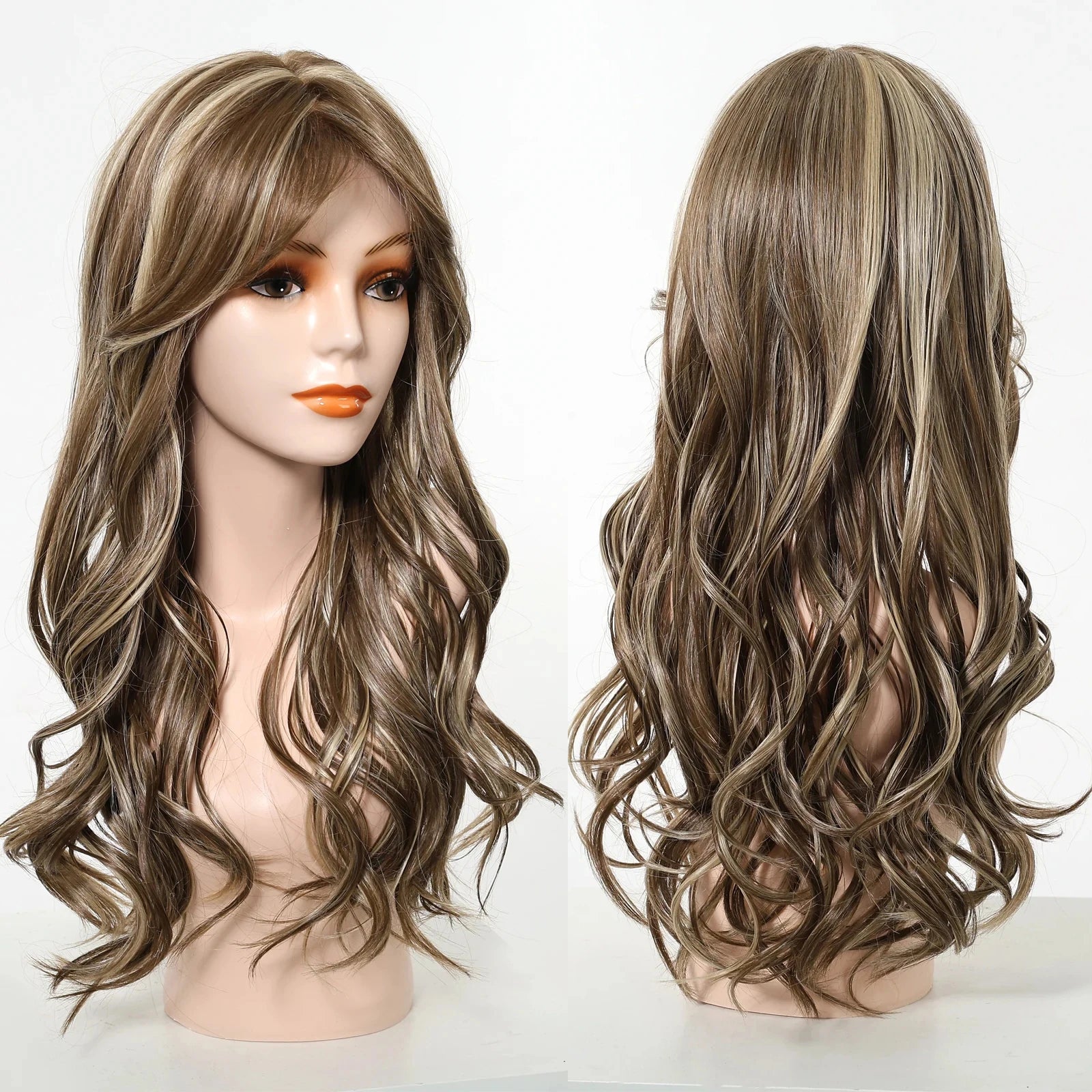 MONO Lace Front Synthetic Hair Wig Long Wavy Brown Blonde Monofilament Lace Wigs with Bangs for Women Daily Heat Resistant