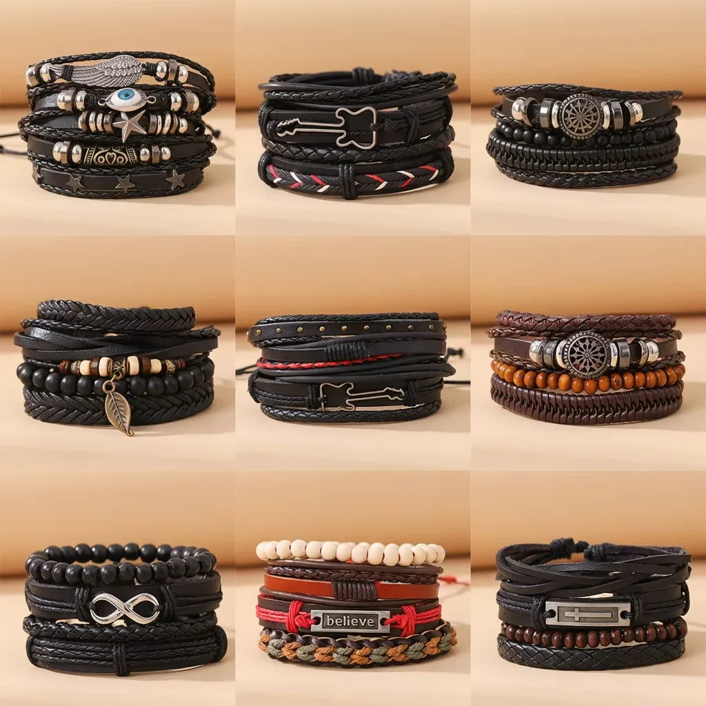 Wholesale Tribal Wood Beads Ethnic Adjustable Woven Cuff Wrap Braided Leather Bracelets for Men Women Bangles