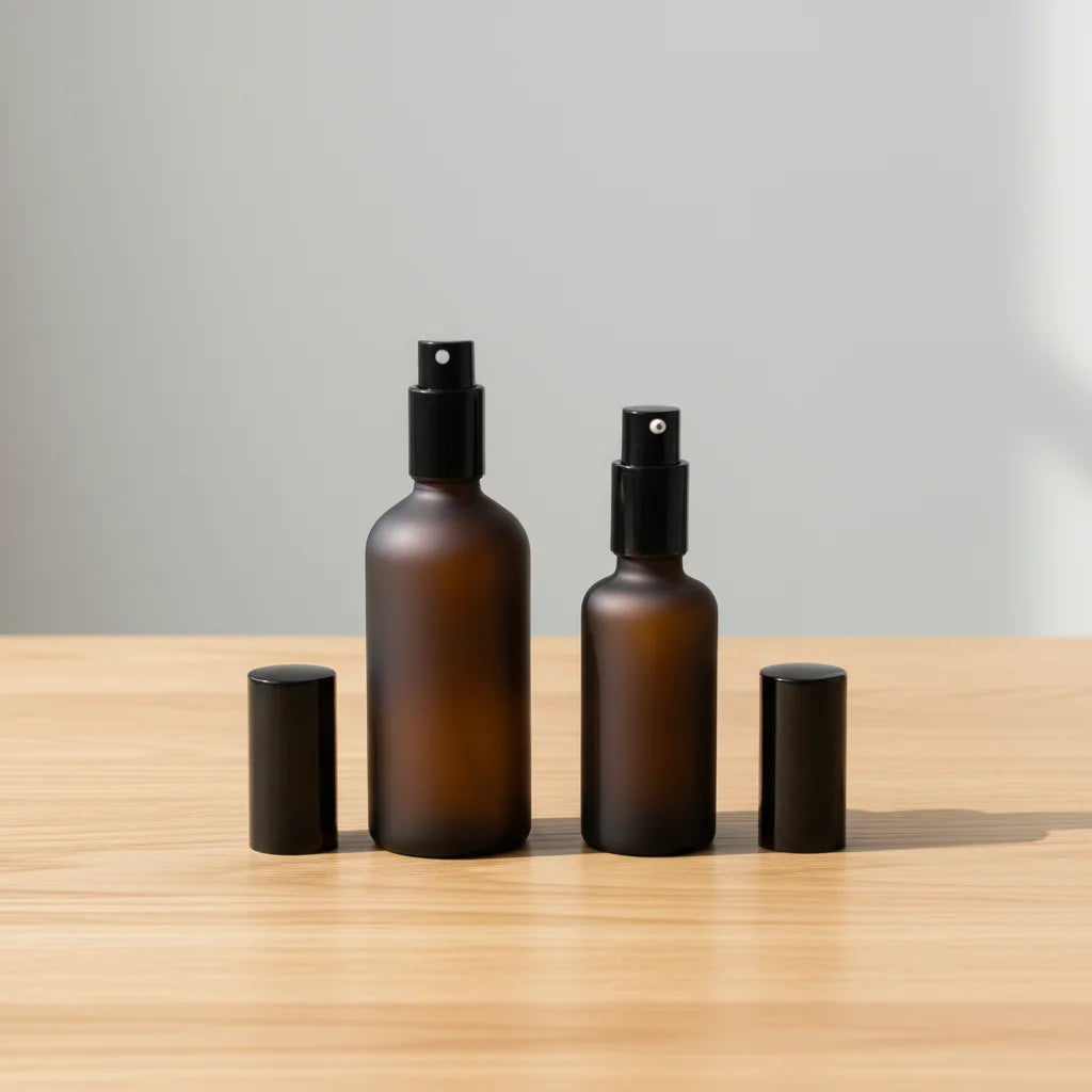 Frost Amber Glass Essential Oil Bottles 10ml-100ml (50ml/30ml) with Pump Sprayer Diffuser Ready Screen Printed