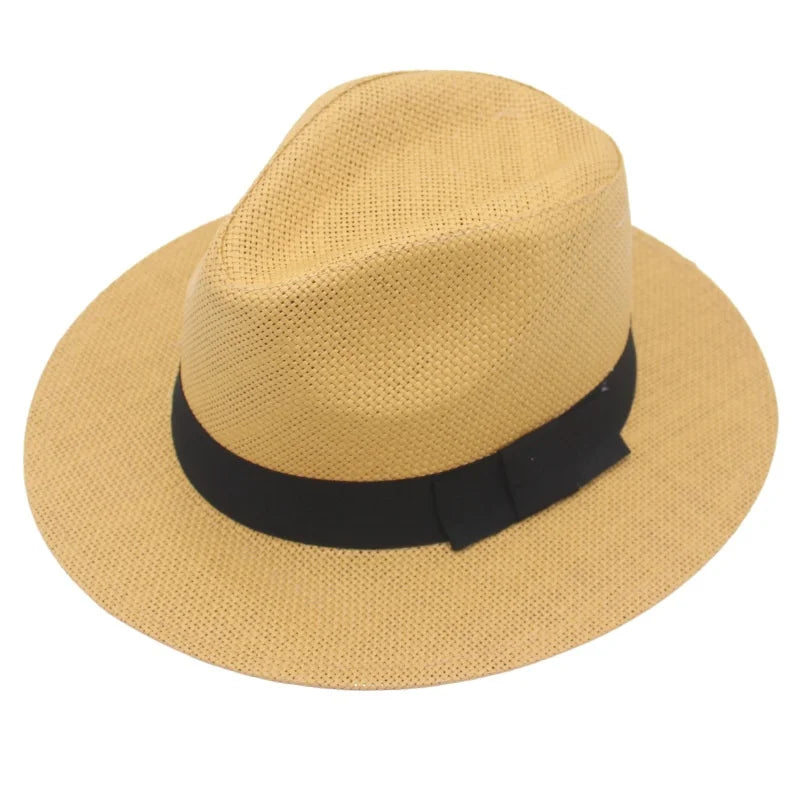 Summer Black Bow Ribbon Cheap Fedora Sun Hat Paper Straw Panama Hat for Men Gentleman Spring Summer Outdoor Travel Fishing