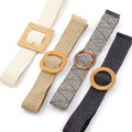 Bohemian Dress Braided Waist Belt With Wooden Style Buckle Women Straw Woven Elastic Stretch Waist Belt