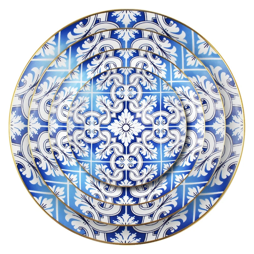 Luxury Hotel Restaurant Wedding Party Blue and White Porcelain Bone China Ceramic Dinner Plates Dinnerware Sets