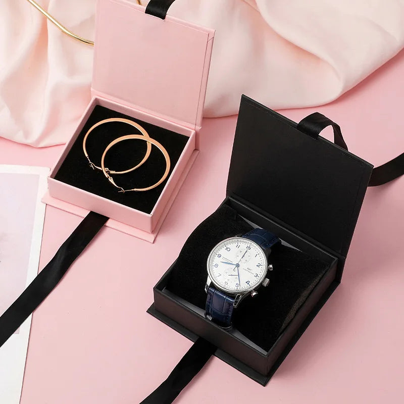 Wholesale Custom Ring Box Paper Rigid Box Packaging Luxury Gift Case for Jewelry Earring Box With Ribbon Closure