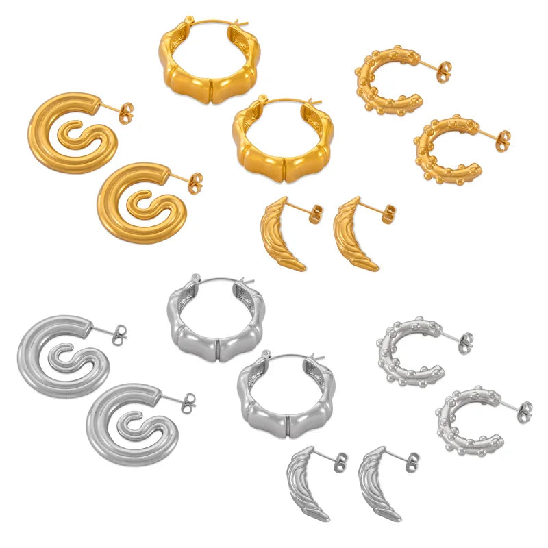 Multi Style Geometric Carved Stainless Steel 18K Gold Plated Spiral Bamboo Textured C Shape Earrings for Women Party Daily Wear
