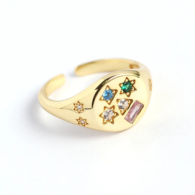 Ins Hot Selling Multi Colored Stone Star Signet Sterling Silver Zircon Rings