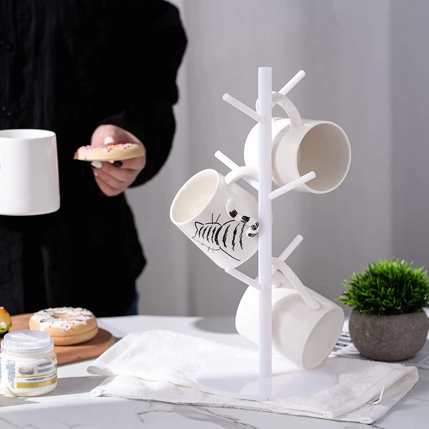 White Acrylic 14 Inch Coffee Mug Tree Mug Holder Tree Coffee Rack Cup Holders for Counter With 6 Hooks Removable Mug Stands