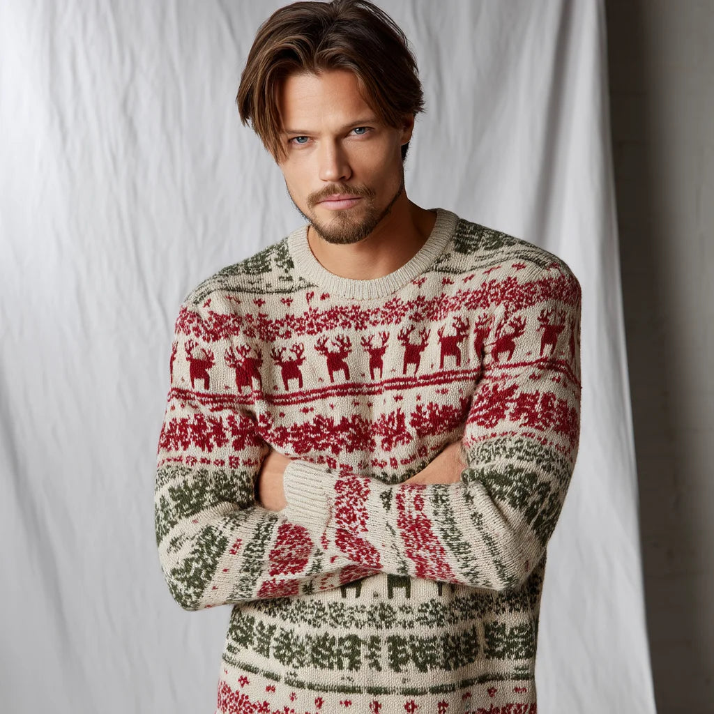 Men's Soft Cotton Blend Fair Isle Knit Christmas Sweater Classic Pullover with Breathable Snowflake Reindeer Patterns for Winter