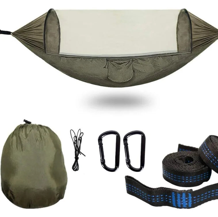 WOQI  Outdoor Nylon Camping Pop up Auto Hammock with Mosquito Bug Net Garden Hammock Swing