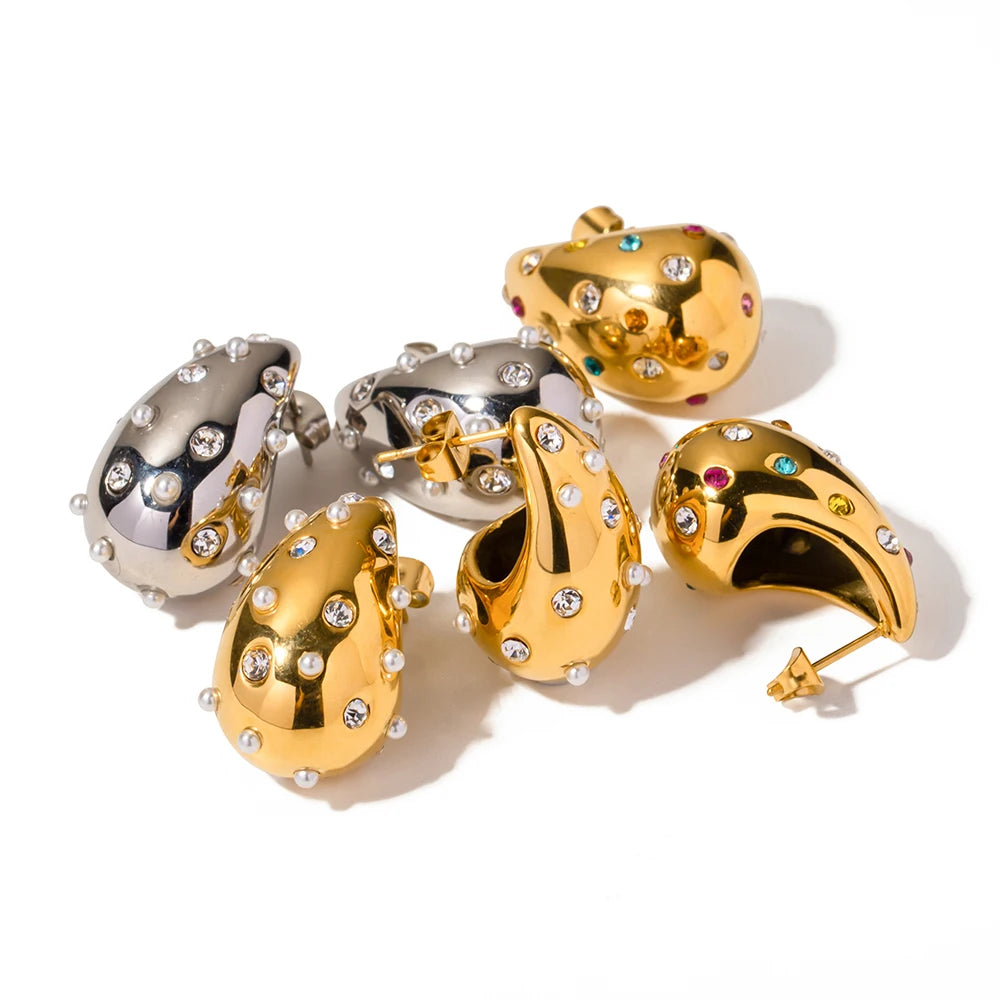 Chunky Zircon Water Drop Earring 18K PVD Gold Silver Plated Stainless Steel Lightweight Drop Hoops Earrings