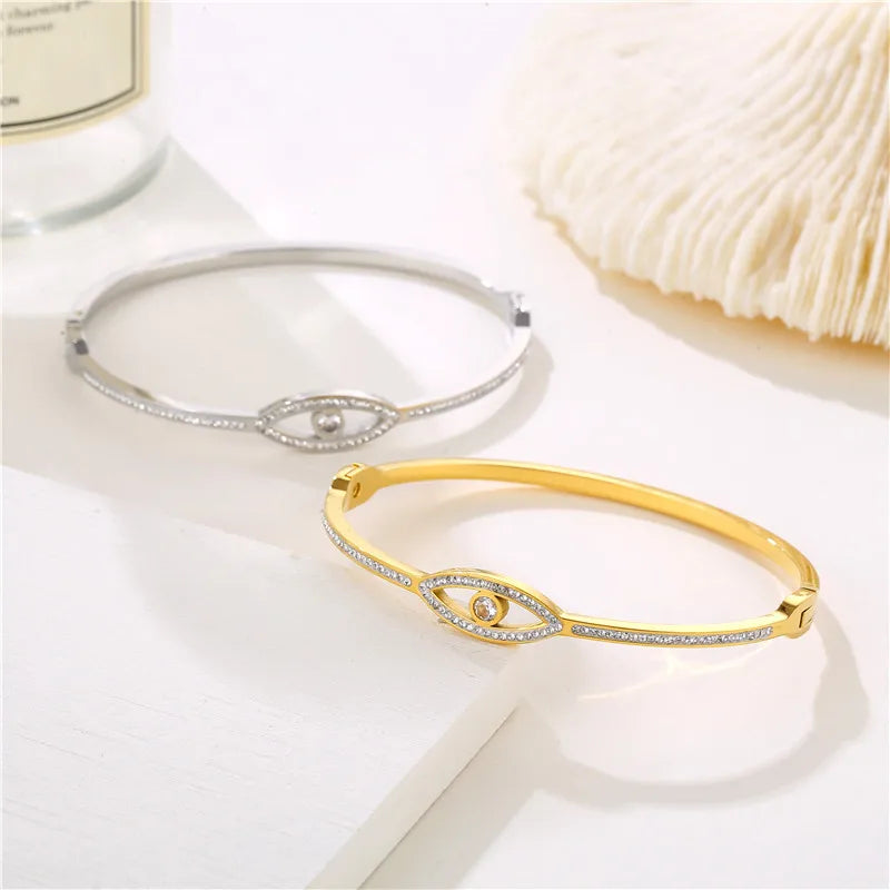 18K Gold & Stainless Steel Devil Eye Bangles Bracelets Fashionable Diamond Crystal CZ Cubic Zirconia Bangles